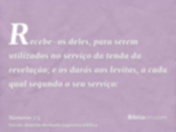 Recebe-os deles, para serem utilizados no serviço da tenda da revelação; e os darás aos levitas, a cada qual segundo o seu serviço: