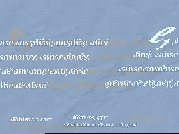 e, para sacrifício pacífico, dois bois, cinco carneiros, cinco bodes, cinco cordeiros de um ano; esta foi a oferta de Pagiel, filho de Ocrã.