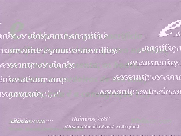 e todos os bois para sacrifício pacífico foram vinte e quatro novilhos; os carneiros, sessenta; os bodes, sessenta; os cordeiros de um ano, sessenta; esta é a c