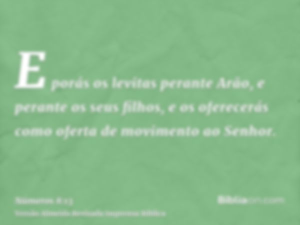 E porás os levitas perante Arão, e perante os seus filhos, e os oferecerás como oferta de movimento ao Senhor.