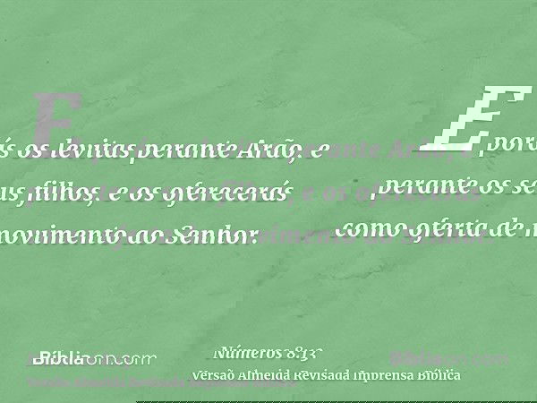 E porás os levitas perante Arão, e perante os seus filhos, e os oferecerás como oferta de movimento ao Senhor.