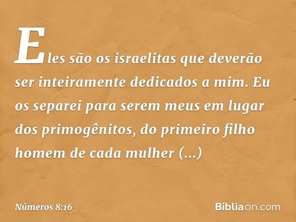 Eles são os israelitas que deverão ser inteiramente dedicados a mim. Eu os separei para serem meus em lugar dos primogênitos, do primeiro filho homem de cada mu