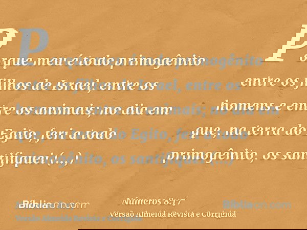 Porque meu é todo primogênito entre os filhos de Israel, entre os homens e entre os animais; no dia em que, na terra do Egito, feri a todo primogênito, os santi