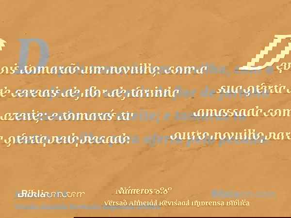 Depois tomarão um novilho, com a sua oferta de cereais de flor de farinha amassada com azeite; e tomarás tu outro novilho para oferta pelo pecado.
