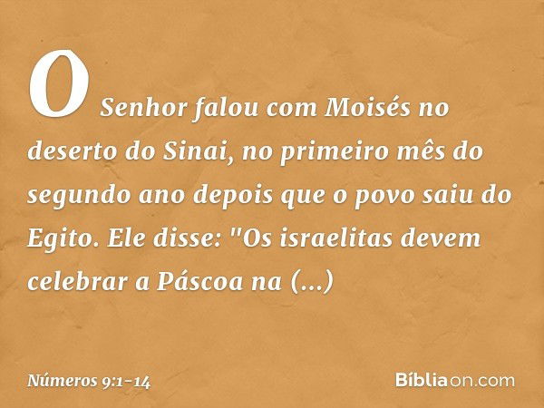 O Senhor falou com Moisés no deserto do Sinai, no primeiro mês do segundo ano depois que o povo saiu do Egito. Ele disse: "Os israelitas devem celebrar a Páscoa