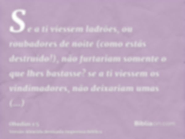 Se a ti viessem ladrões, ou roubadores de noite (como estás destruído!), não furtariam somente o que lhes bastasse? se a ti viessem os vindimadores, não deixari