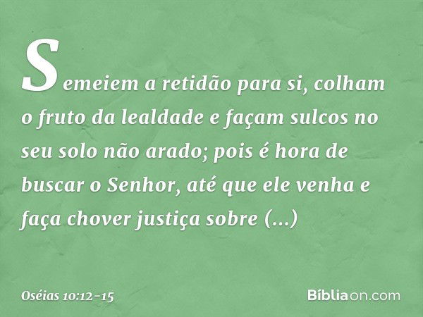 Semeiem a retidão para si,
colham o fruto da lealdade
e façam sulcos no seu solo não arado;
pois é hora de buscar o Senhor,
até que ele venha
e faça chover just