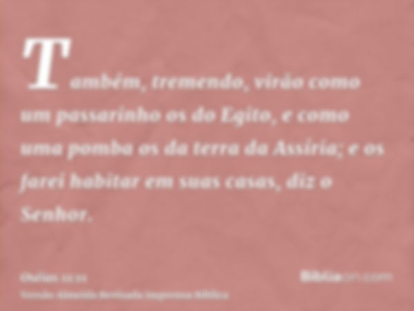 Também, tremendo, virão como um passarinho os do Egito, e como uma pomba os da terra da Assíria; e os farei habitar em suas casas, diz o Senhor.