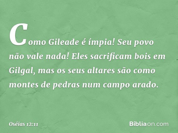 Como Gileade é ímpia!
Seu povo não vale nada!
Eles sacrificam bois em Gilgal,
mas os seus altares
são como montes de pedras
num campo arado. -- Oséias 12:11