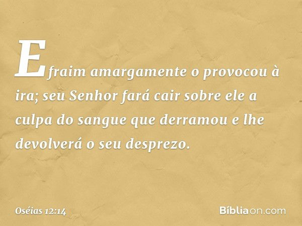 Efraim amargamente
o provocou à ira;
seu Senhor fará cair sobre ele
a culpa do sangue que derramou
e lhe devolverá o seu desprezo. -- Oséias 12:14