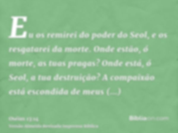 Eu os remirei do poder do Seol, e os resgatarei da morte. Onde estão, ó morte, as tuas pragas? Onde está, ó Seol, a tua destruição? A compaixão está escondida d