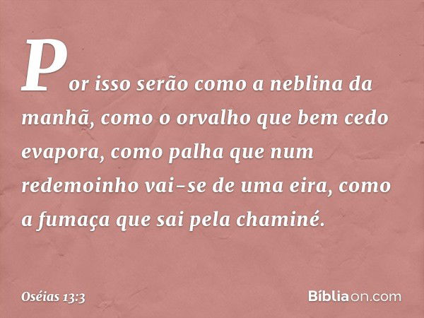 Por isso serão como
a neblina da manhã,
como o orvalho que bem cedo evapora,
como palha que num redemoinho
vai-se de uma eira,
como a fumaça que sai pela chamin