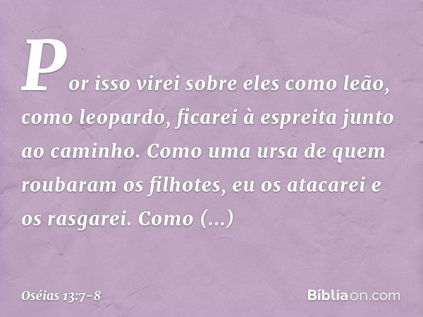 Por isso virei sobre eles como leão,
como leopardo, ficarei à espreita
junto ao caminho. Como uma ursa
de quem roubaram os filhotes,
eu os atacarei e os rasgare