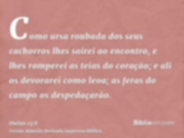 Como ursa roubada dos seus cachorros lhes sairei ao encontro, e lhes romperei as teias do coração; e ali os devorarei como leoa; as feras do campo os despedaçar