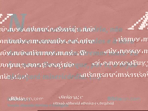 Não nos salvará a Assíria, não iremos montados em cavalos e à obra das nossas mãos não diremos mais: Tu és o nosso Deus; porque, por ti, o órfão alcançará miser