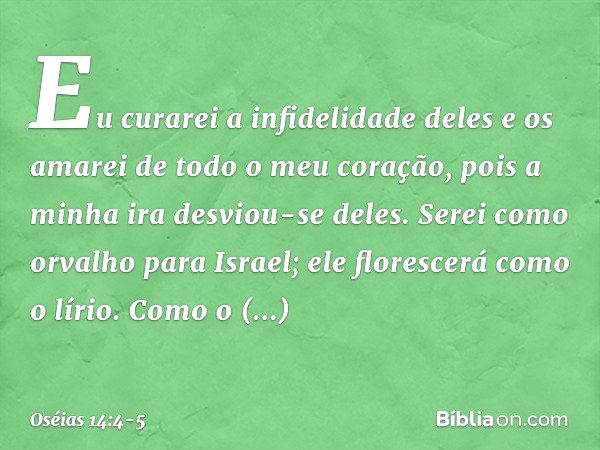 "Eu curarei a infidelidade deles
e os amarei de todo o meu coração,
pois a minha ira desviou-se deles. Serei como orvalho para Israel;
ele florescerá como o lír