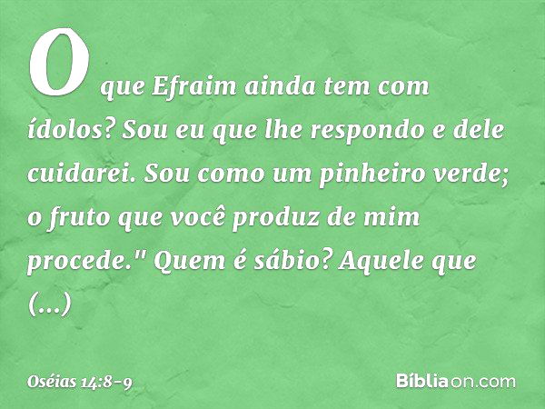 O que Efraim ainda tem com ídolos?
Sou eu que lhe respondo
e dele cuidarei.
Sou como um pinheiro verde;
o fruto que você produz
de mim procede." Quem é sábio?
A