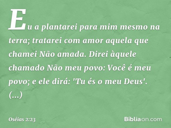 Eu a plantarei para mim mesmo
na terra;
tratarei com amor
aquela que chamei Não amada.
Direi àquele chamado
Não meu povo: Você é meu povo;
e ele dirá: 'Tu és o 