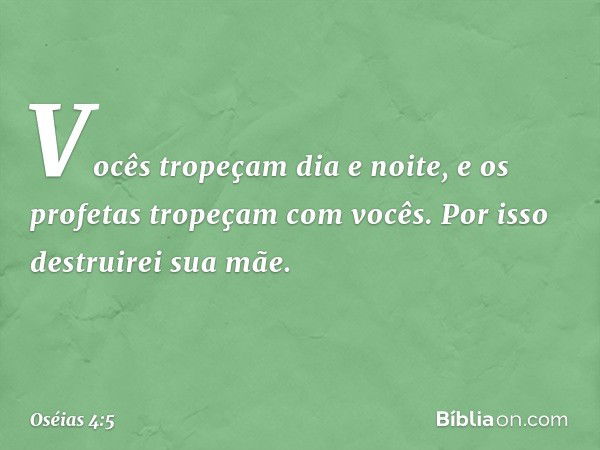 Vocês tropeçam dia e noite,
e os profetas tropeçam com vocês.
Por isso destruirei sua mãe. -- Oséias 4:5