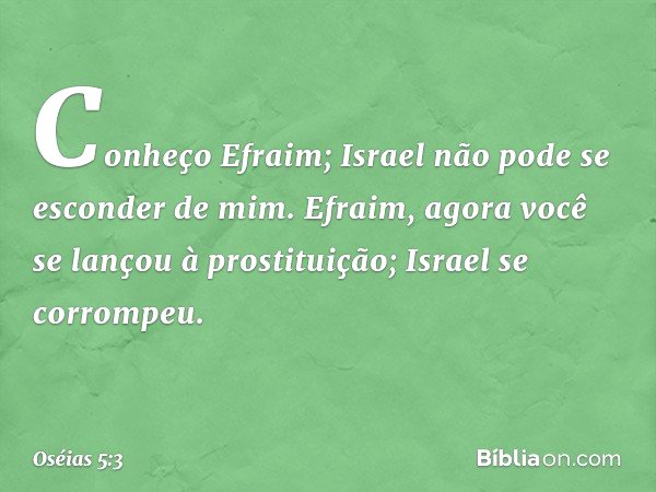 Conheço Efraim;
Israel não pode se esconder de mim.
Efraim, agora você se lançou
à prostituição;
Israel se corrompeu. -- Oséias 5:3