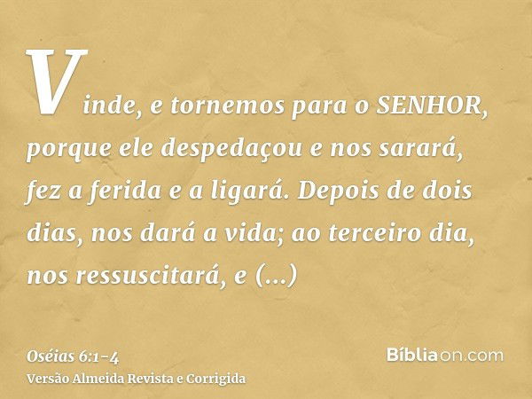 Vinde, e tornemos para o SENHOR, porque ele despedaçou e nos sarará, fez a ferida e a ligará.Depois de dois dias, nos dará a vida; ao terceiro dia, nos ressusci