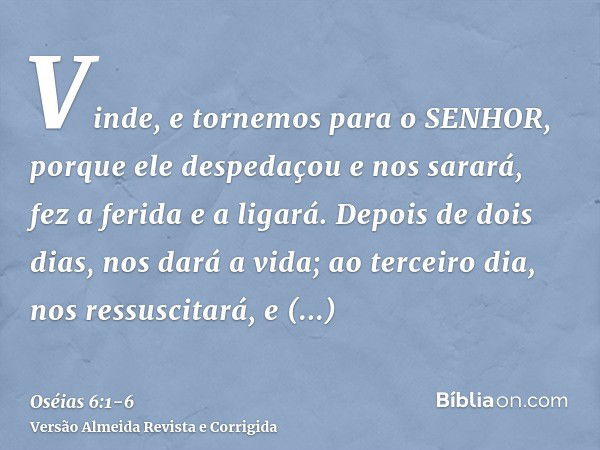 Vinde, e tornemos para o SENHOR, porque ele despedaçou e nos sarará, fez a ferida e a ligará.Depois de dois dias, nos dará a vida; ao terceiro dia, nos ressusci