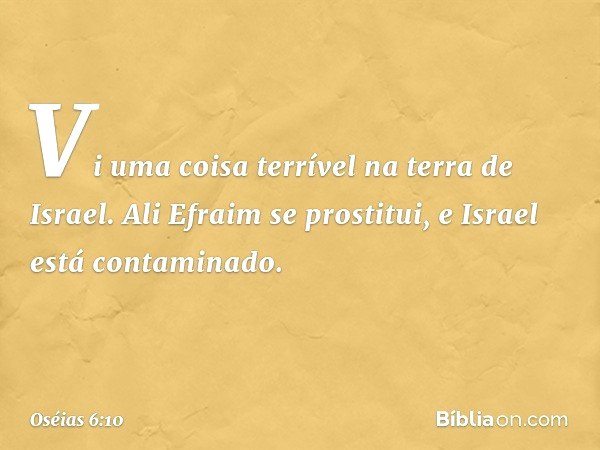 Vi uma coisa terrível na terra de Israel.
Ali Efraim se prostitui,
e Israel está contaminado. -- Oséias 6:10