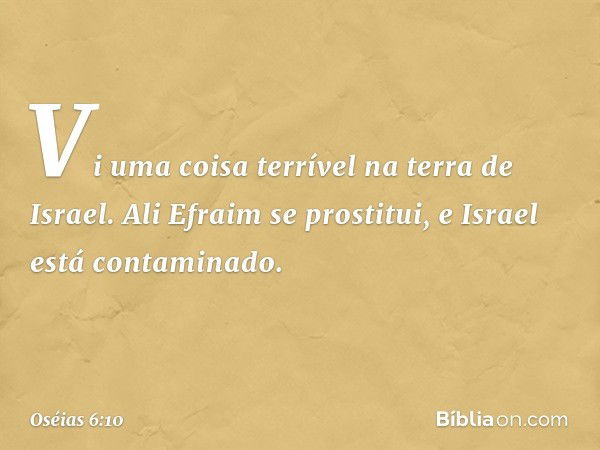 Vi uma coisa terrível na terra de Israel.
Ali Efraim se prostitui,
e Israel está contaminado. -- Oséias 6:10