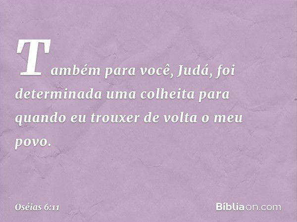 "Também para você, Judá,
foi determinada uma colheita
para quando eu trouxer de volta
o meu povo. -- Oséias 6:11