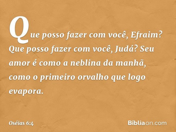 "Que posso fazer com você, Efraim?
Que posso fazer com você, Judá?
Seu amor é como a neblina da manhã,
como o primeiro orvalho
que logo evapora. -- Oséias 6:4