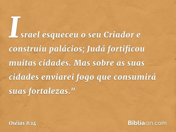 Israel esqueceu o seu Criador
e construiu palácios;
Judá fortificou muitas cidades.
Mas sobre as suas cidades
enviarei fogo
que consumirá suas fortalezas." -- O