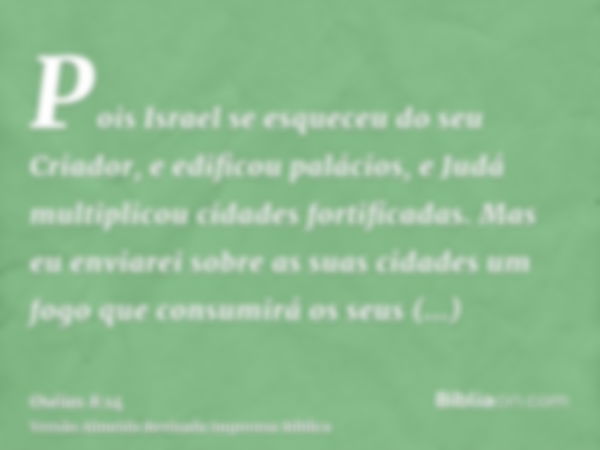 Pois Israel se esqueceu do seu Criador, e edificou palácios, e Judá multiplicou cidades fortificadas. Mas eu enviarei sobre as suas cidades um fogo que consumir