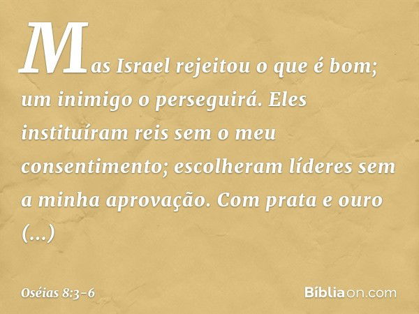 Mas Israel rejeitou o que é bom;
um inimigo o perseguirá. Eles instituíram reis
sem o meu consentimento;
escolheram líderes
sem a minha aprovação.
Com prata e o