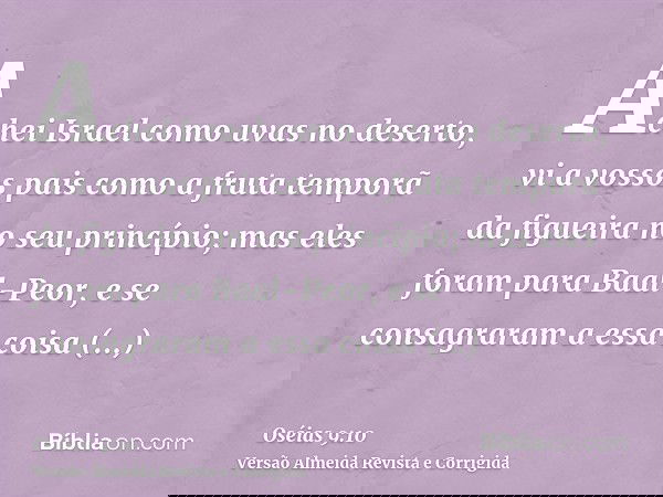 Achei Israel como uvas no deserto, vi a vossos pais como a fruta temporã da figueira no seu princípio; mas eles foram para Baal-Peor, e se consagraram a essa co