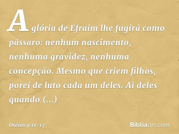 A glória de Efraim
lhe fugirá como pássaro:
nenhum nascimento, nenhuma gravidez,
nenhuma concepção. Mesmo que criem filhos,
porei de luto cada um deles.
Ai dele