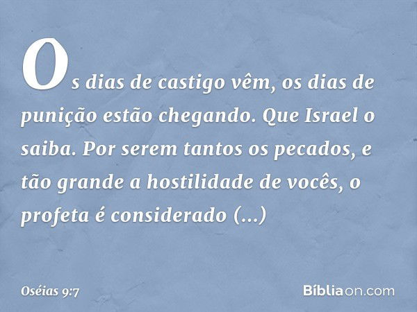 Os dias de castigo vêm,
os dias de punição estão chegando.
Que Israel o saiba.
Por serem tantos os pecados,
e tão grande a hostilidade de vocês,
o profeta é con