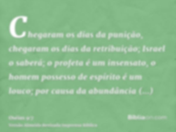 Chegaram os dias da punição, chegaram os dias da retribuição; Israel o saberá; o profeta é um insensato, o homem possesso de espírito é um louco; por causa da a