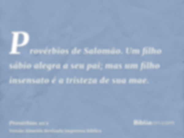 Provérbios de Salomão. Um filho sábio alegra a seu pai; mas um filho insensato é a tristeza de sua mae.