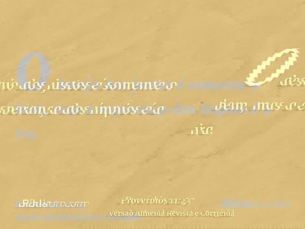 O desejo dos justos é somente o bem, mas a esperança dos ímpios é a ira.