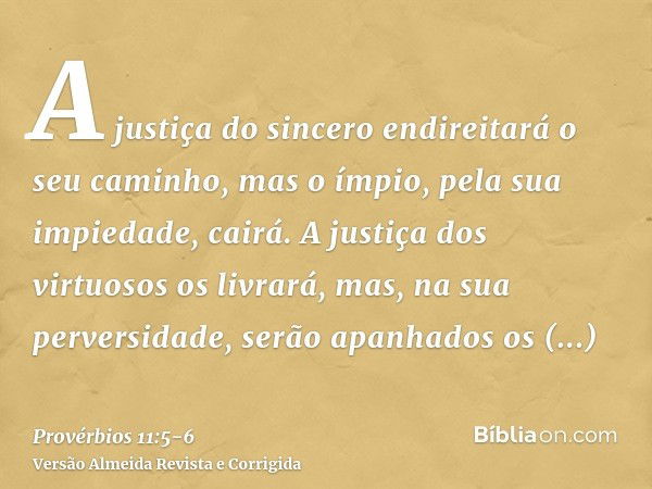 A justiça do sincero endireitará o seu caminho, mas o ímpio, pela sua impiedade, cairá.A justiça dos virtuosos os livrará, mas, na sua perversidade, serão apanh