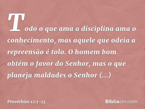 Todo o que ama a disciplina
ama o conhecimento,
mas aquele que odeia a repreensão é tolo. O homem bom
obtém o favor do Senhor,
mas o que planeja maldades
o Senh