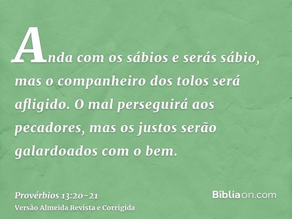 Anda com os sábios e serás sábio, mas o companheiro dos tolos será afligido.O mal perseguirá aos pecadores, mas os justos serão galardoados com o bem.