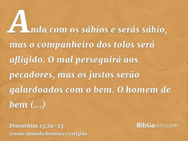 Anda com os sábios e serás sábio, mas o companheiro dos tolos será afligido.O mal perseguirá aos pecadores, mas os justos serão galardoados com o bem.O homem de