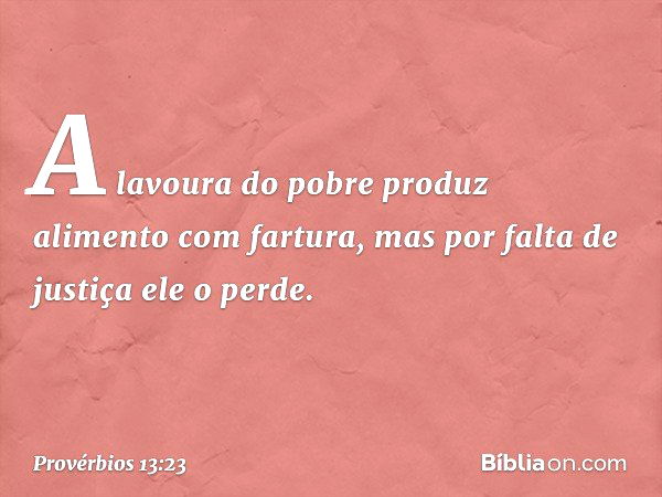 A lavoura do pobre
produz alimento com fartura,
mas por falta de justiça ele o perde. -- Provérbios 13:23