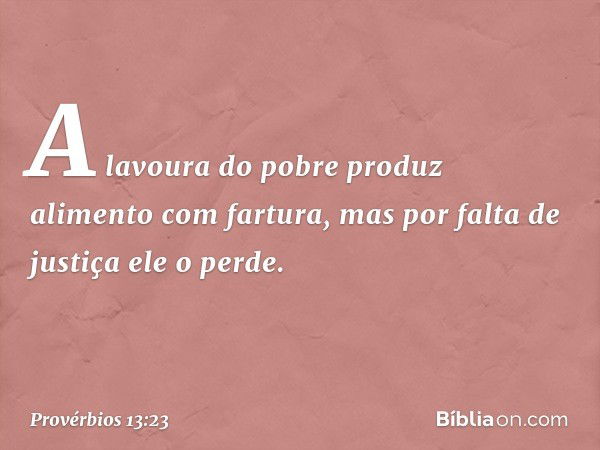 A lavoura do pobre
produz alimento com fartura,
mas por falta de justiça ele o perde. -- Provérbios 13:23