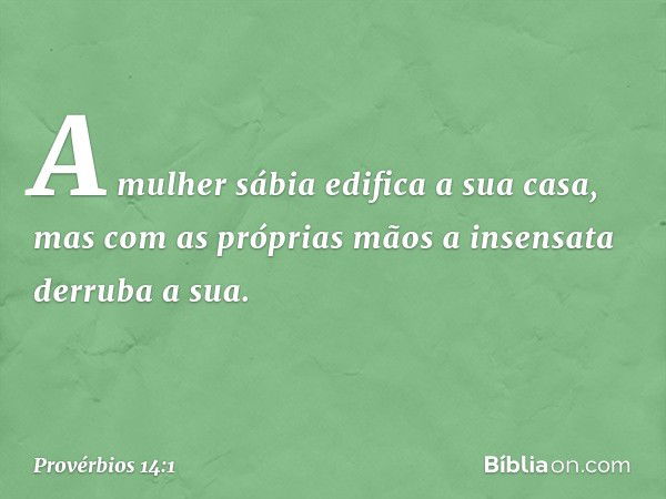 A mulher sábia edifica a sua casa,
mas com as próprias mãos
a insensata derruba a sua. -- Provérbios 14:1