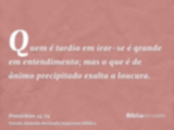 Quem é tardio em irar-se é grande em entendimento; mas o que é de ânimo precipitado exalta a loucura.