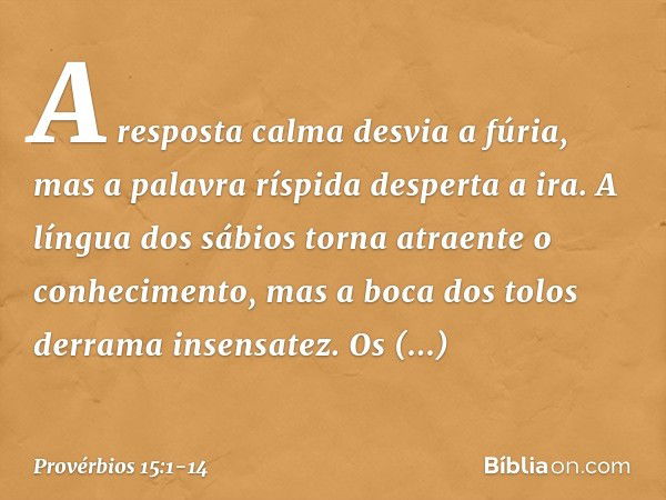 A resposta calma desvia a fúria,
mas a palavra ríspida desperta a ira. A língua dos sábios
torna atraente o conhecimento,
mas a boca dos tolos derrama insensate