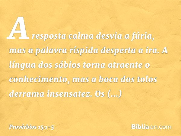 A resposta calma desvia a fúria,
mas a palavra ríspida desperta a ira. A língua dos sábios
torna atraente o conhecimento,
mas a boca dos tolos derrama insensate