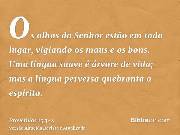 Os olhos do Senhor estão em todo lugar, vigiando os maus e os bons.Uma língua suave é árvore de vida; mas a língua perversa quebranta o espírito.